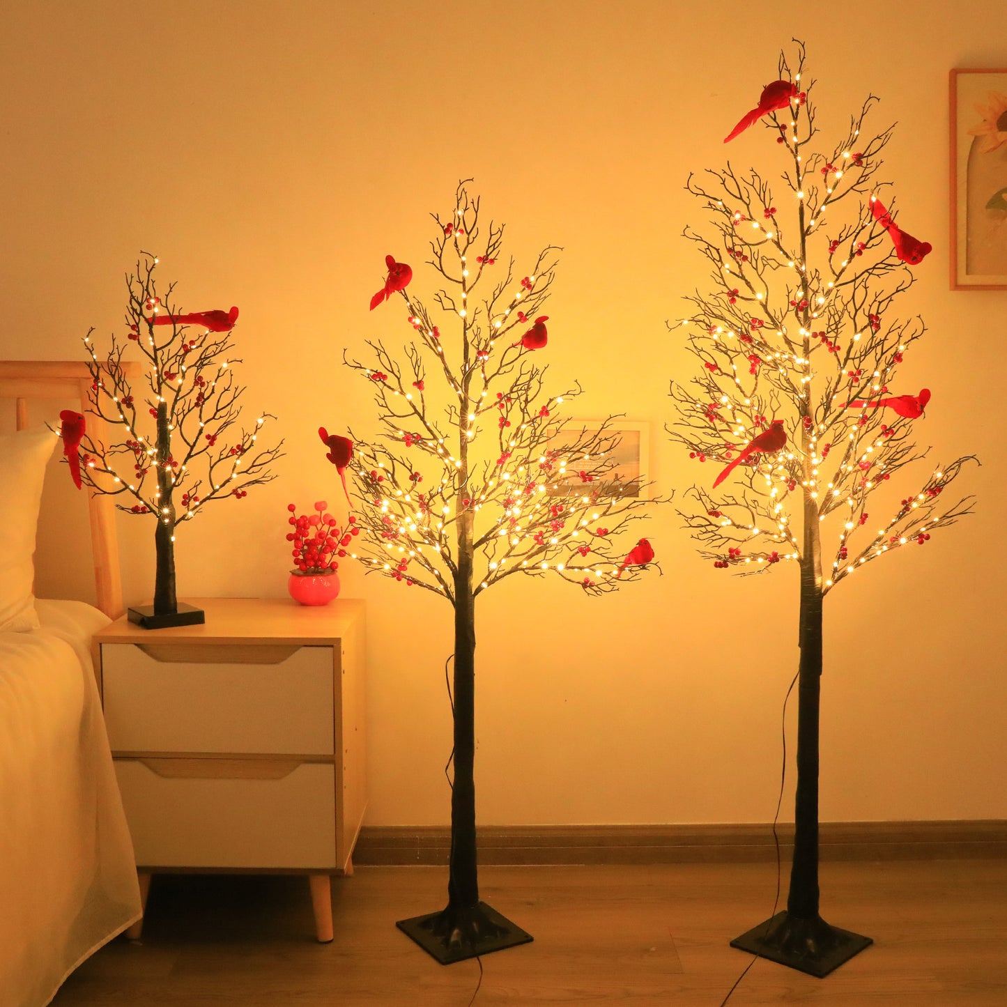 Mini Birch LED Christmas Tree with Cardinals – Holiday Table Decor