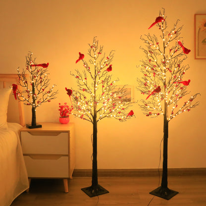 Mini Birch LED Christmas Tree with Cardinals – Holiday Table Decor