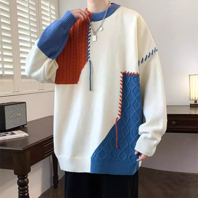 Men’s Winter Colorblock Knit Sweater – Stylish Long Sleeve Pullover | Warm Casual Fashion Top