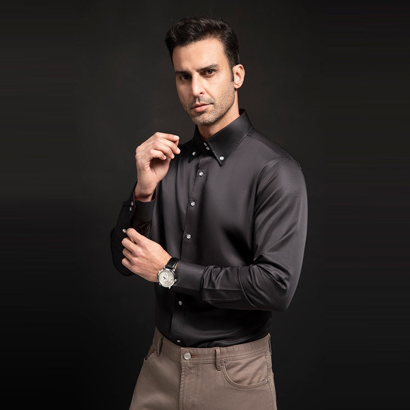 Spring/Autumn Men’s High-Neck Shirt with Crystal Button – Elegant Plain Slim Fit Top