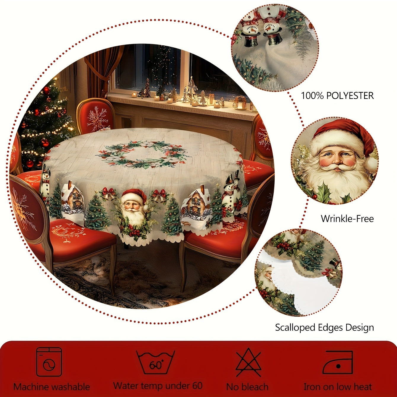 Christmas Round Tablecloth with Santa Claus – Festive Holiday Table Cover & Matching Table Flag