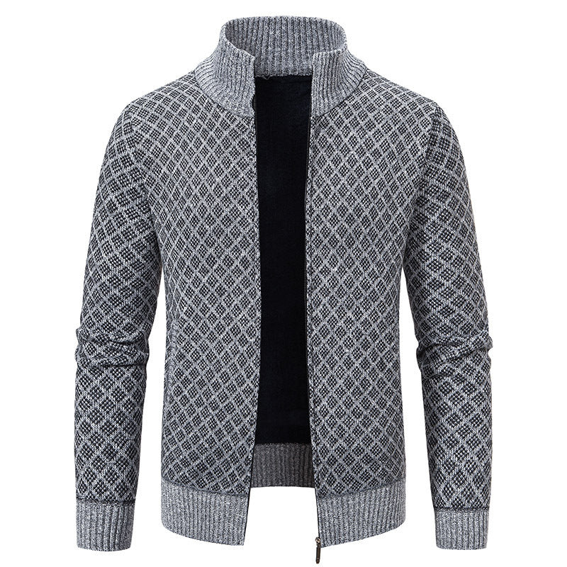Men’s Winter Thickened Plaid Knit Jacket – Slim Fit Stand Collar Zipper Cardigan