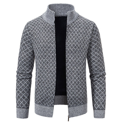 Men’s Winter Thickened Plaid Knit Jacket – Slim Fit Stand Collar Zipper Cardigan