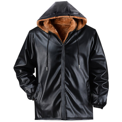 Men’s Thick Fleece-Lined Leather Coat – Wide-Cut Winter Warm Heavy Jacket