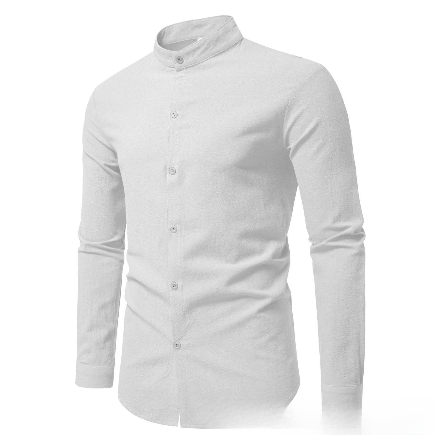 Men’s Stand-Up Collar Cotton Cardigan Shirt – Solid Color Casual Long Sleeve Top