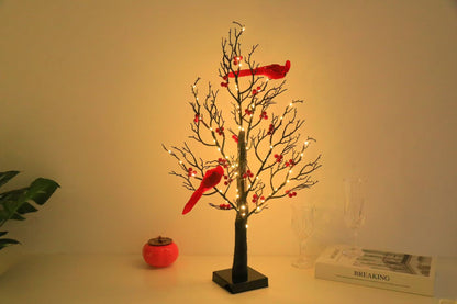 Mini Birch LED Christmas Tree with Cardinals – Holiday Table Decor