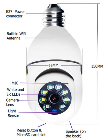 SmartBulb Guard 1080P WiFi Camera – E27 5G Security Light with 4X Zoom & Alarm Monitoring