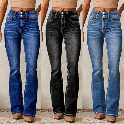 Women’s Skinny Flared Denim Jeans – High-Waist Slim Fit Pants with Pockets & Button Zipper
