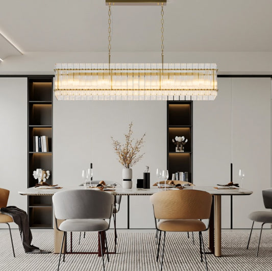 Modern Rectangular Crystal Glass Chandelier – 10-Light Gold Pendant Ceiling Light for Dining Room & Kitchen Island