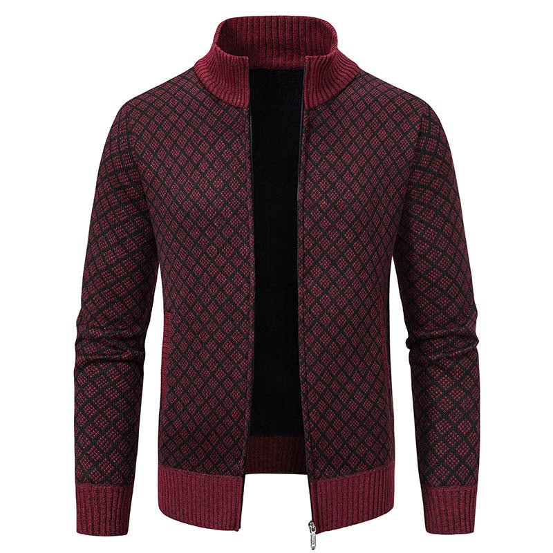 Men’s Winter Thickened Plaid Knit Jacket – Slim Fit Stand Collar Zipper Cardigan