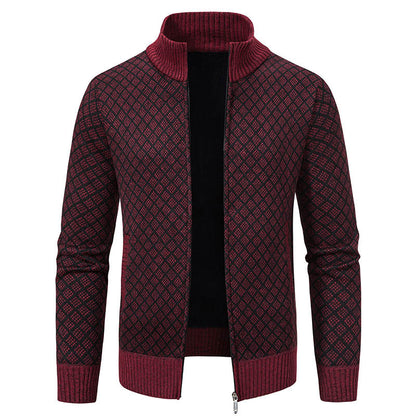 Men’s Winter Thickened Plaid Knit Jacket – Slim Fit Stand Collar Zipper Cardigan