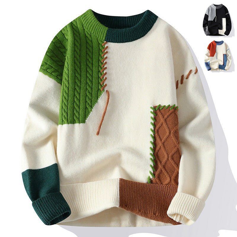 Men’s Winter Colorblock Knit Sweater – Stylish Long Sleeve Pullover | Warm Casual Fashion Top