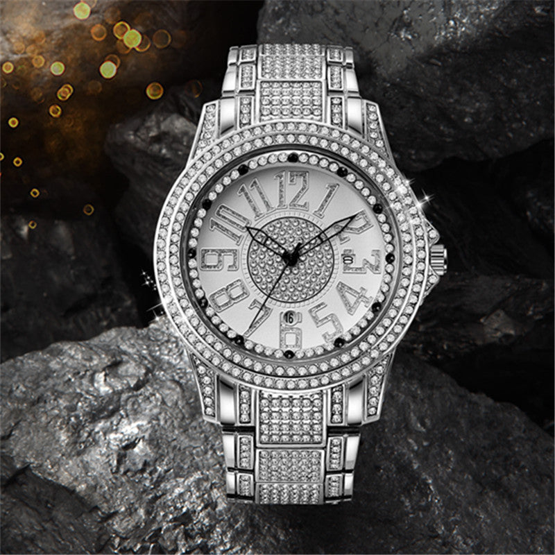 Luxury Men’s Diamond Accent Quartz Watch with Durable Alloy Strap & Date Display