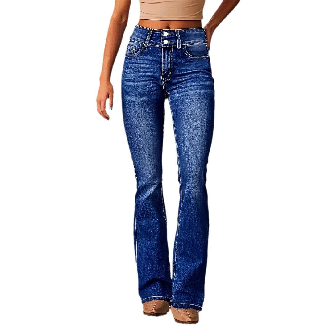 Women’s Skinny Flared Denim Jeans – High-Waist Slim Fit Pants with Pockets & Button Zipper