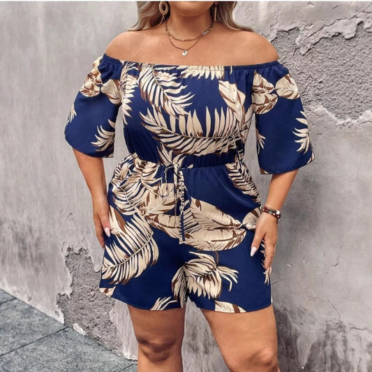 European And American-style Off-shoulder Plant-printed Waist-cinching Jumpsuit With Shorts