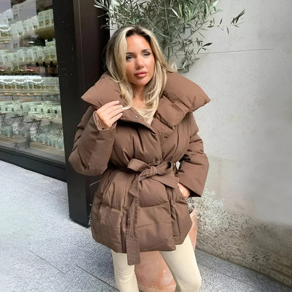 Winter Belted Cotton Jacket for Women – Thick, Warm, Fashion Lapel Coat