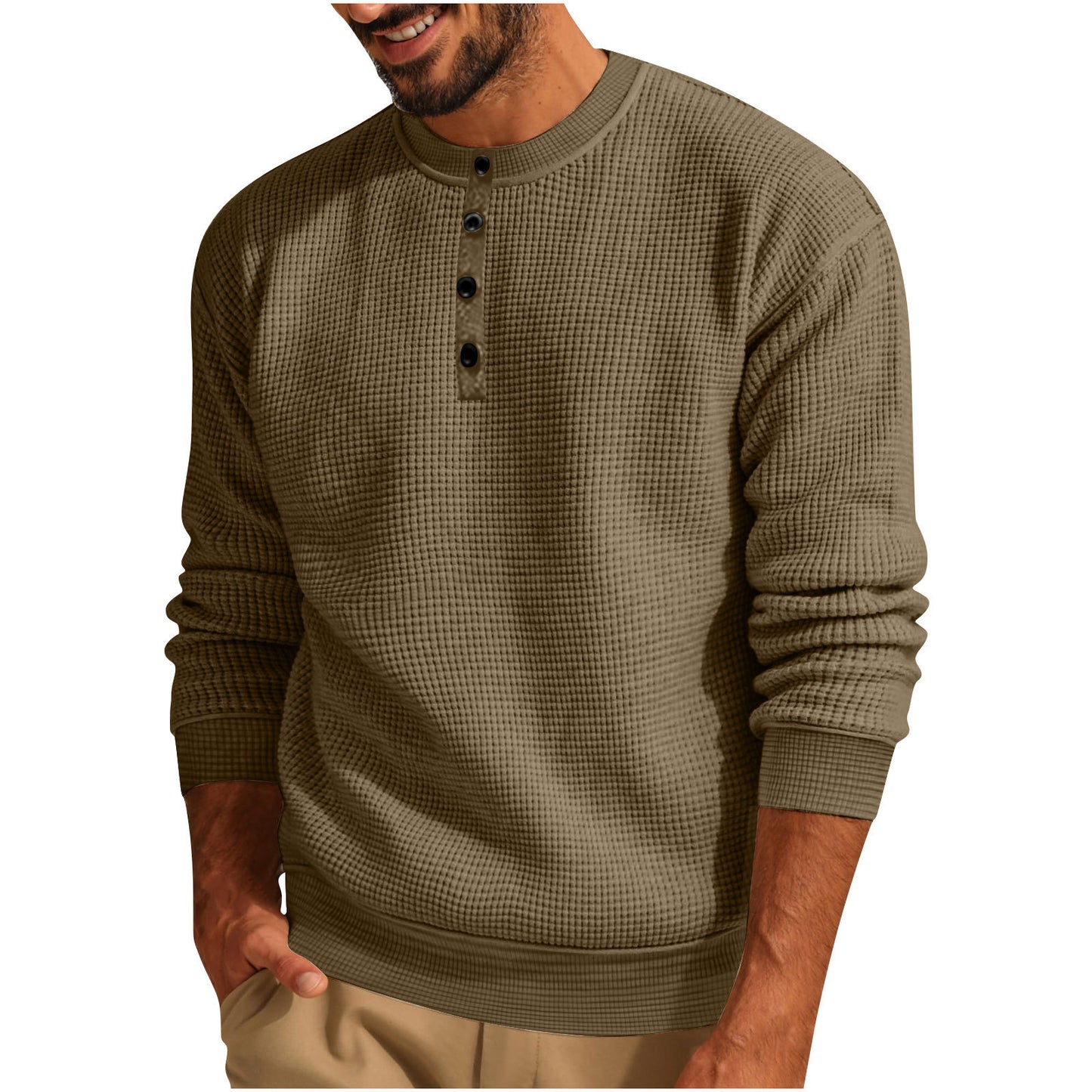 Men’s Solid Color Loose Waffle Henley Shirt – Casual Round Neck Long Sleeve Top