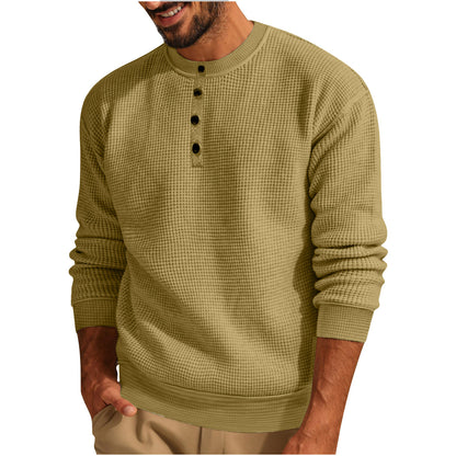 Men’s Solid Color Loose Waffle Henley Shirt – Casual Round Neck Long Sleeve Top