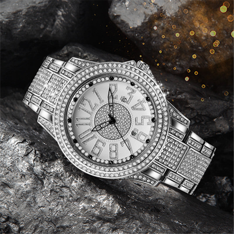 Luxury Men’s Diamond Accent Quartz Watch with Durable Alloy Strap & Date Display