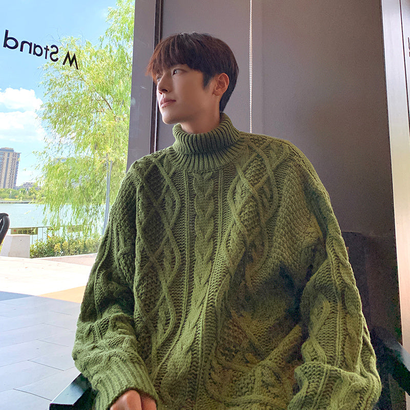 Japanese-Style Retro Green Jacquard Turtleneck Sweater – Cozy Vintage Knitwear for Men