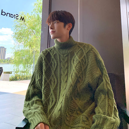 Japanese-Style Retro Green Jacquard Turtleneck Sweater – Cozy Vintage Knitwear for Men