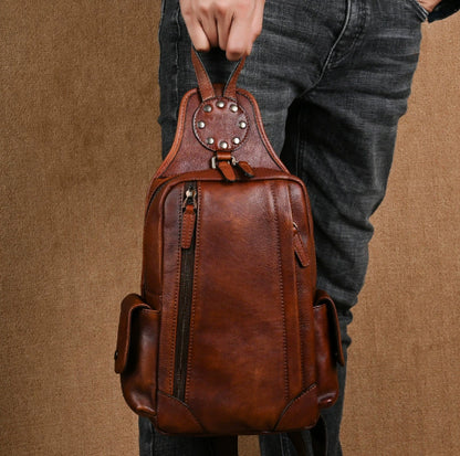 Vintage Genuine Leather Men’s Chest Bag – Compact Crossbody Sling for Everyday Carry