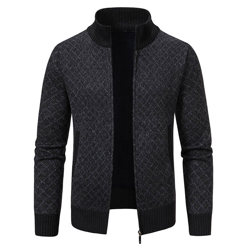 Men’s Winter Thickened Plaid Knit Jacket – Slim Fit Stand Collar Zipper Cardigan