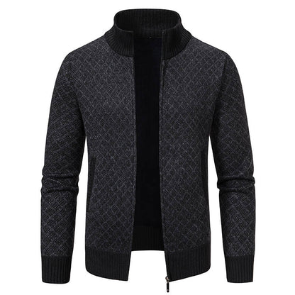 Men’s Winter Thickened Plaid Knit Jacket – Slim Fit Stand Collar Zipper Cardigan