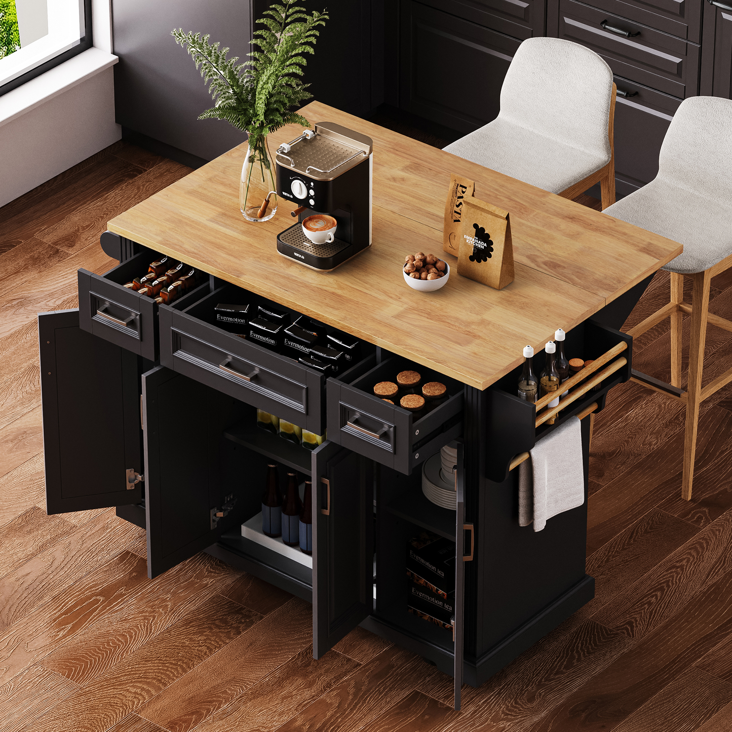 K&K 54inch Large Kitchen Island With Rubber Wood Drop Leaf, Embossed Texture Rolling Kitchen Cart On 4 Wheels With 4 Doors And 3 Drawers, Kitchen Island With Storage For Kitchen, Dining Room,Black