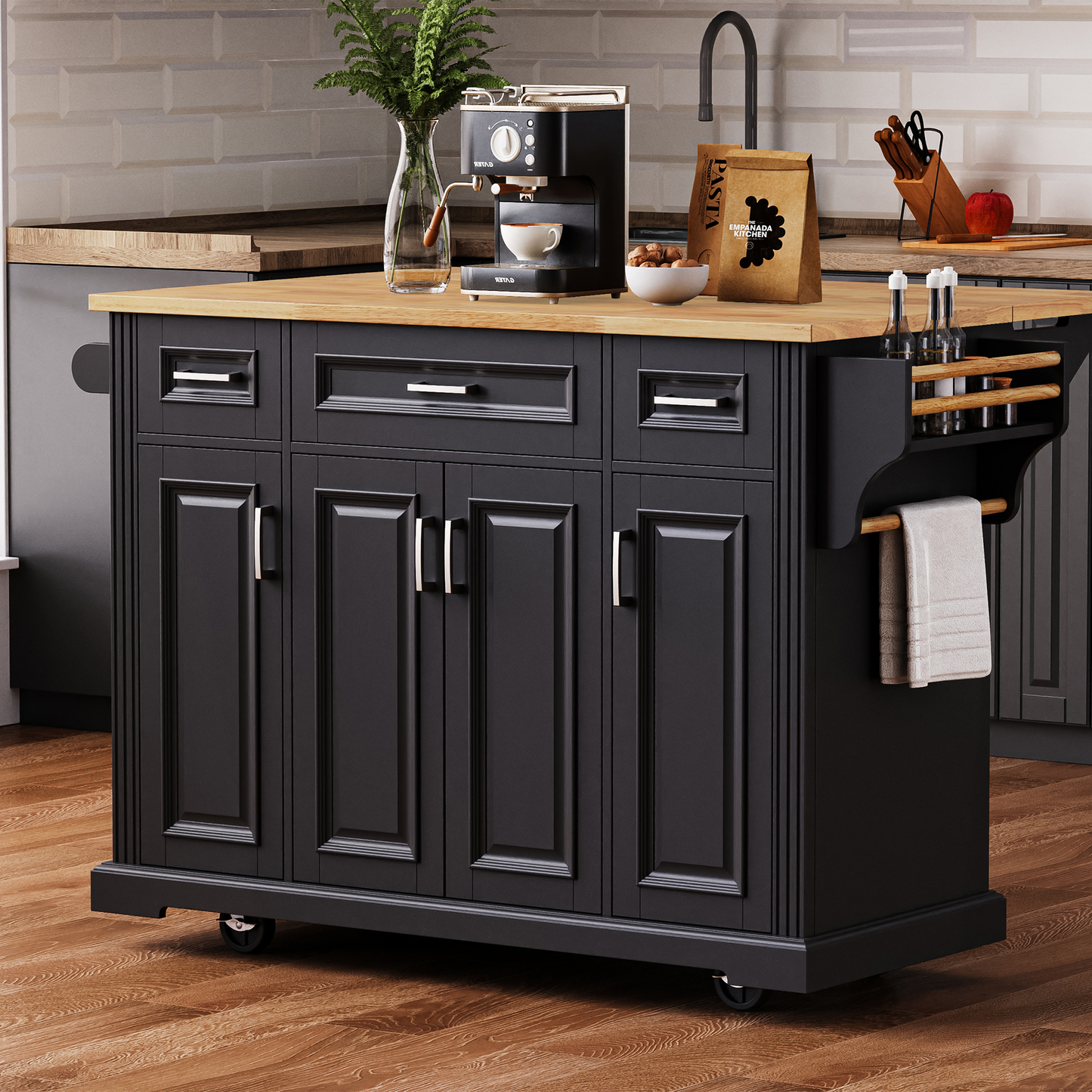 K&K 54inch Large Kitchen Island With Rubber Wood Drop Leaf, Embossed Texture Rolling Kitchen Cart On 4 Wheels With 4 Doors And 3 Drawers, Kitchen Island With Storage For Kitchen, Dining Room,Black
