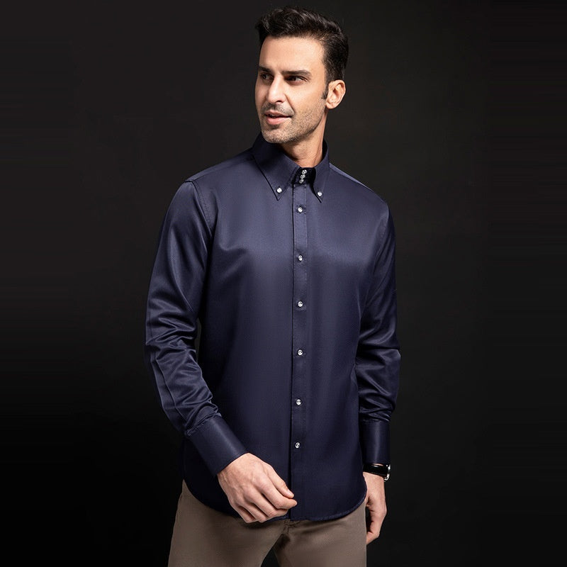 Spring/Autumn Men’s High-Neck Shirt with Crystal Button – Elegant Plain Slim Fit Top
