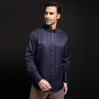 Spring/Autumn Men’s High-Neck Shirt with Crystal Button – Elegant Plain Slim Fit Top