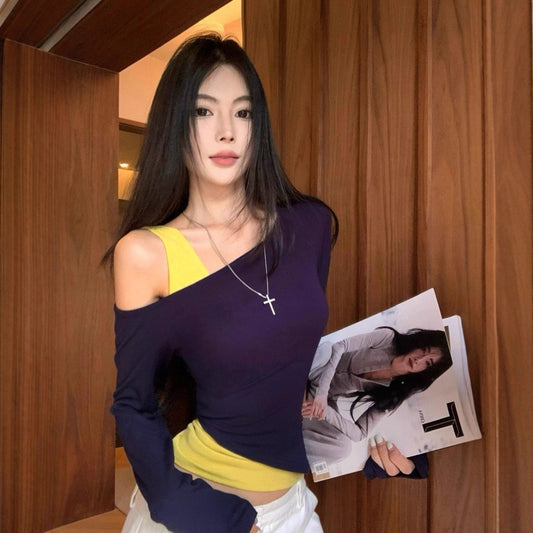 Women’s Autumn Slim Fit Fake Two-Piece Short Top – Stylish Layered Design