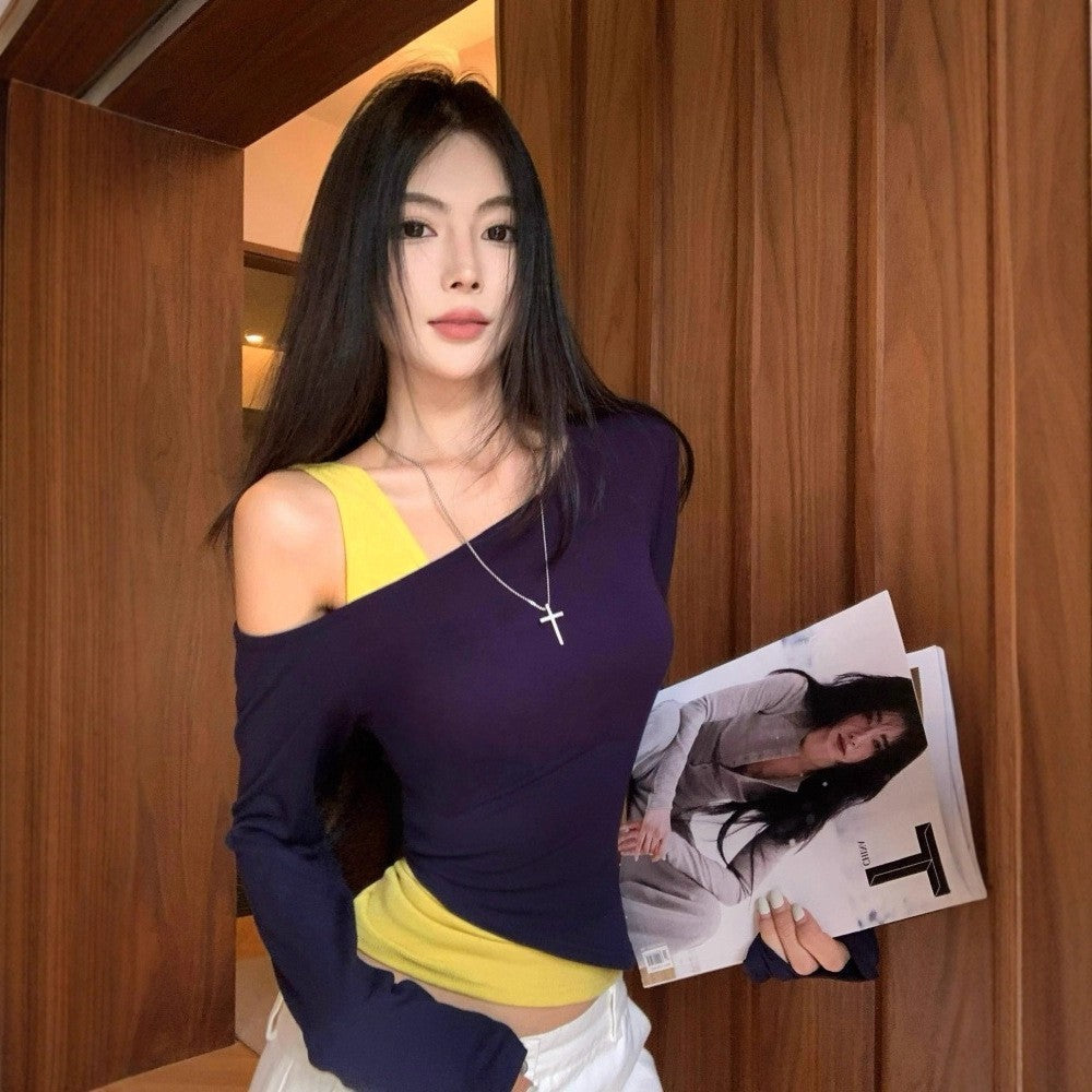 Women’s Autumn Slim Fit Fake Two-Piece Short Top – Stylish Layered Design