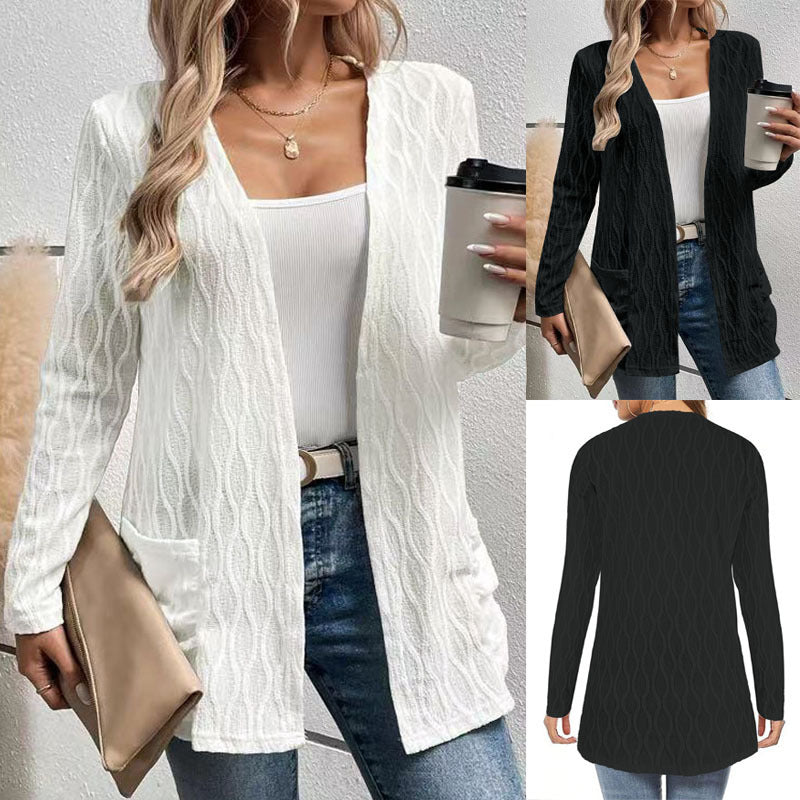 Hollow-Out Casual Knitted Long-Sleeve Cardigan – Stylish Commuter Sweater