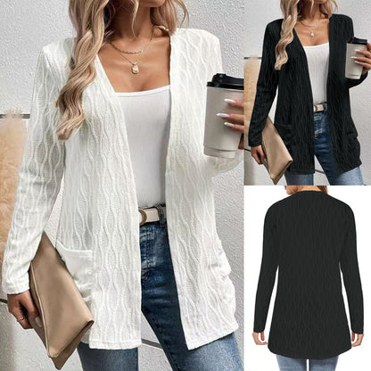 Hollow-Out Casual Knitted Long-Sleeve Cardigan – Stylish Commuter Sweater
