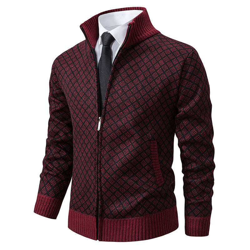 Men’s Winter Thickened Plaid Knit Jacket – Slim Fit Stand Collar Zipper Cardigan