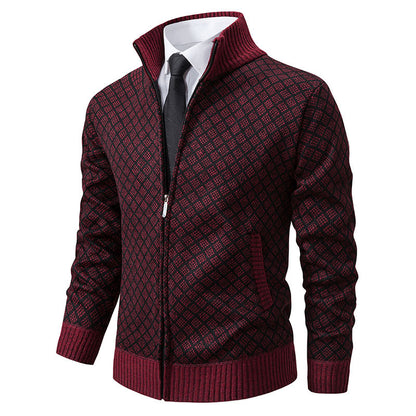 Men’s Winter Thickened Plaid Knit Jacket – Slim Fit Stand Collar Zipper Cardigan