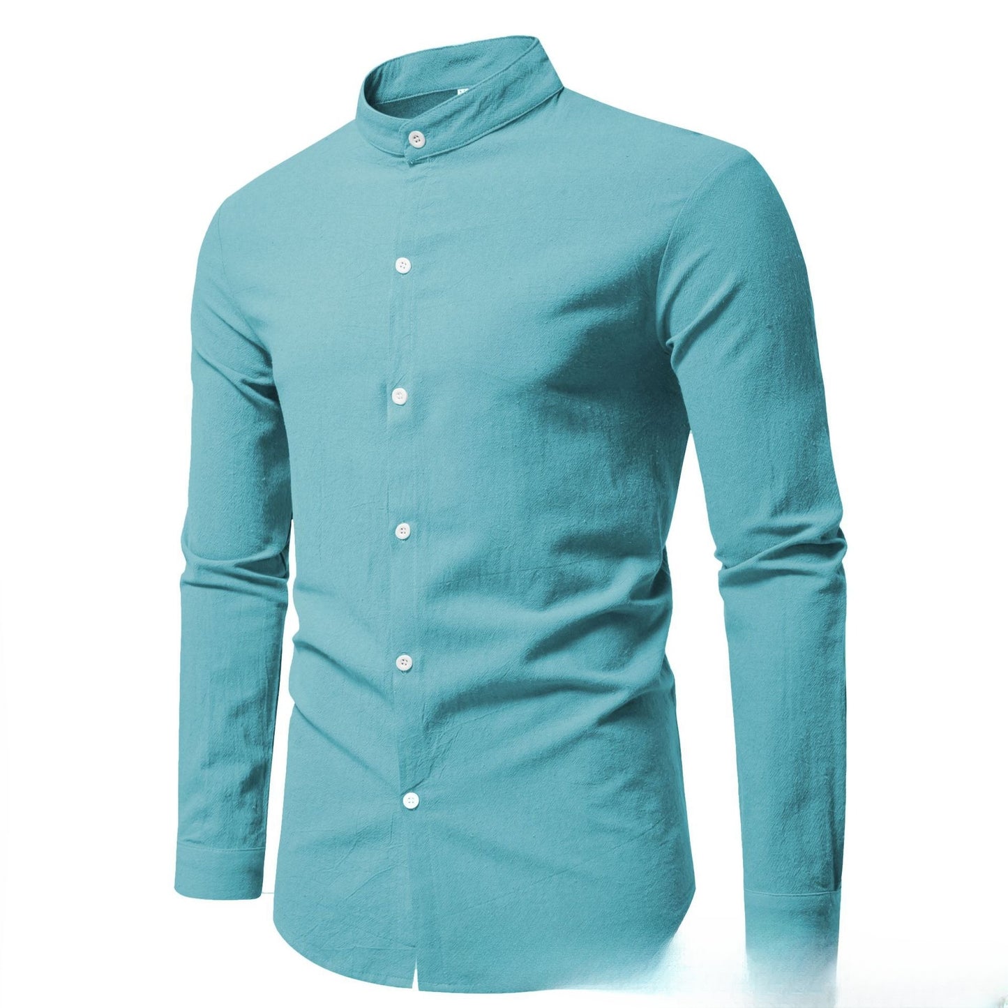 Men’s Stand-Up Collar Cotton Cardigan Shirt – Solid Color Casual Long Sleeve Top