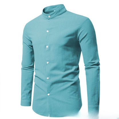 Men’s Stand-Up Collar Cotton Cardigan Shirt – Solid Color Casual Long Sleeve Top