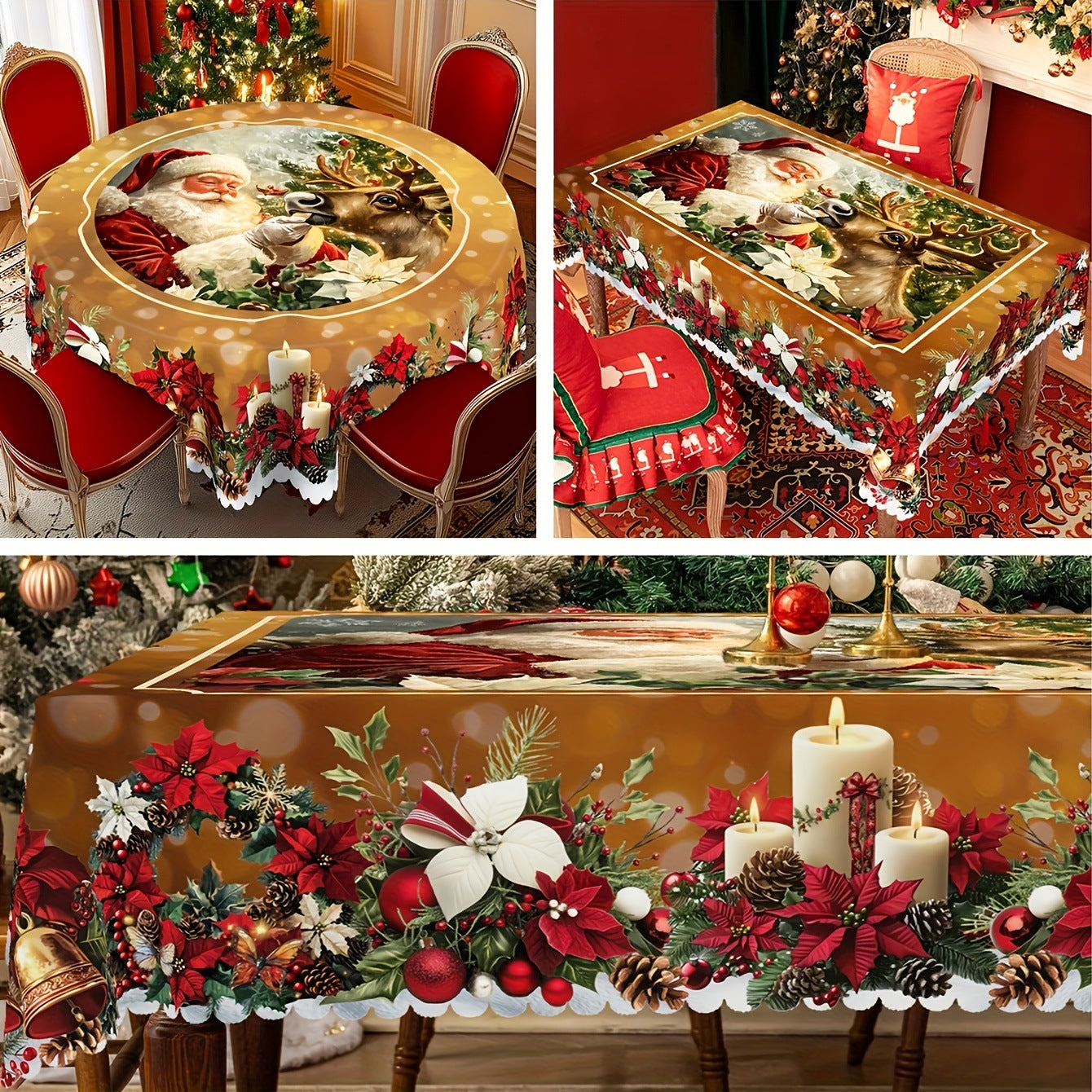 Christmas Round Tablecloth with Santa Claus – Festive Holiday Table Cover & Matching Table Flag