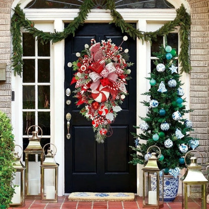 Upside Down Christmas Tree Door & Wall Decoration – Hanging Holiday Ornament with Festive Lights and Greenery