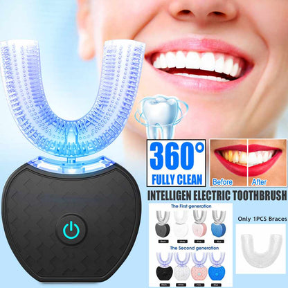 360° Smart Automatic Electric U-Type Toothbrush – Waterproof, Blue-Light Whitening & USB Rechargeable
