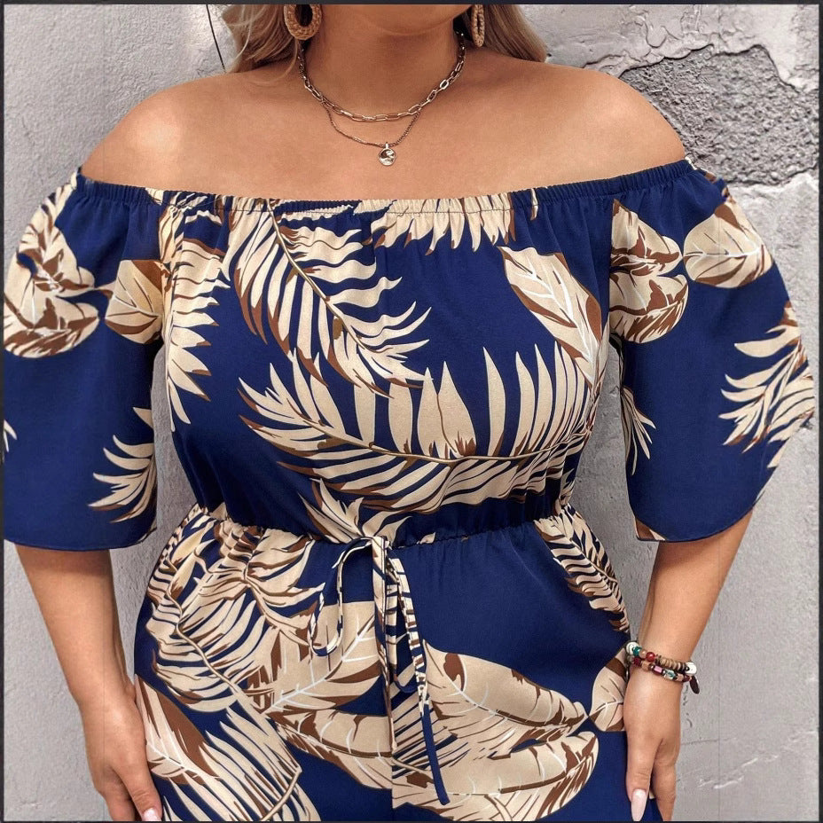 European And American-style Off-shoulder Plant-printed Waist-cinching Jumpsuit With Shorts