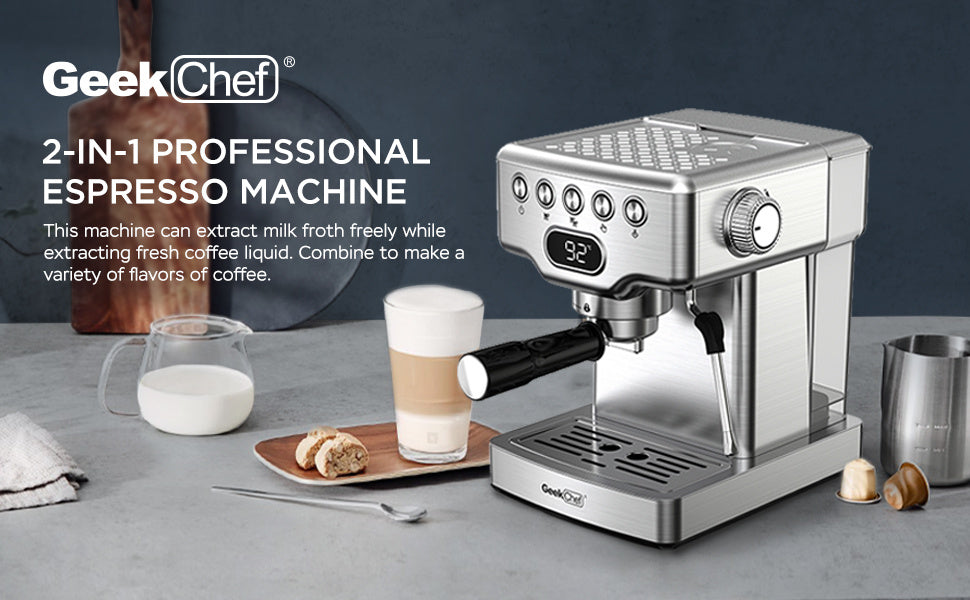 Geek Chef 20-Bar Espresso Machine – Professional Home Coffee Maker with Milk Frother, 1.8L Water Tank & Stainless Steel Design