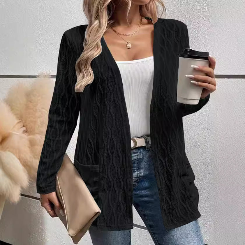 Hollow-Out Casual Knitted Long-Sleeve Cardigan – Stylish Commuter Sweater