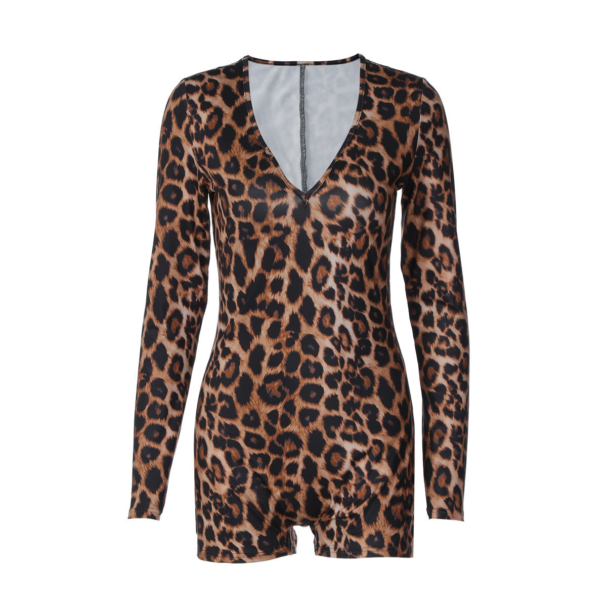 Sexy Leopard Print V-Neck Long Sleeve Tight Jumpsuit – Form-Fitting Bodysuit