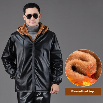 Men’s Thick Fleece-Lined Leather Coat – Wide-Cut Winter Warm Heavy Jacket