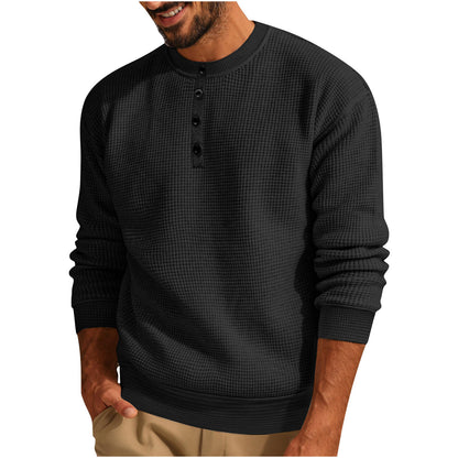 Men’s Solid Color Loose Waffle Henley Shirt – Casual Round Neck Long Sleeve Top
