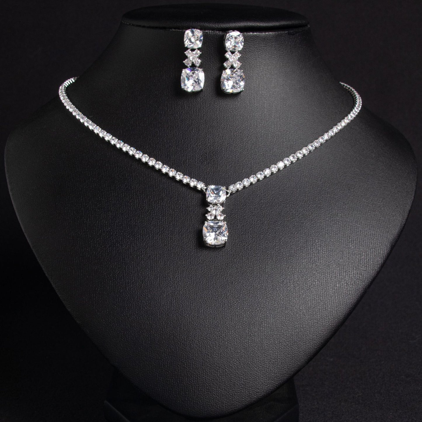 Elegant Small Square Zircon Pendant Earrings – Bride Collarbone Chain Design Jewelry